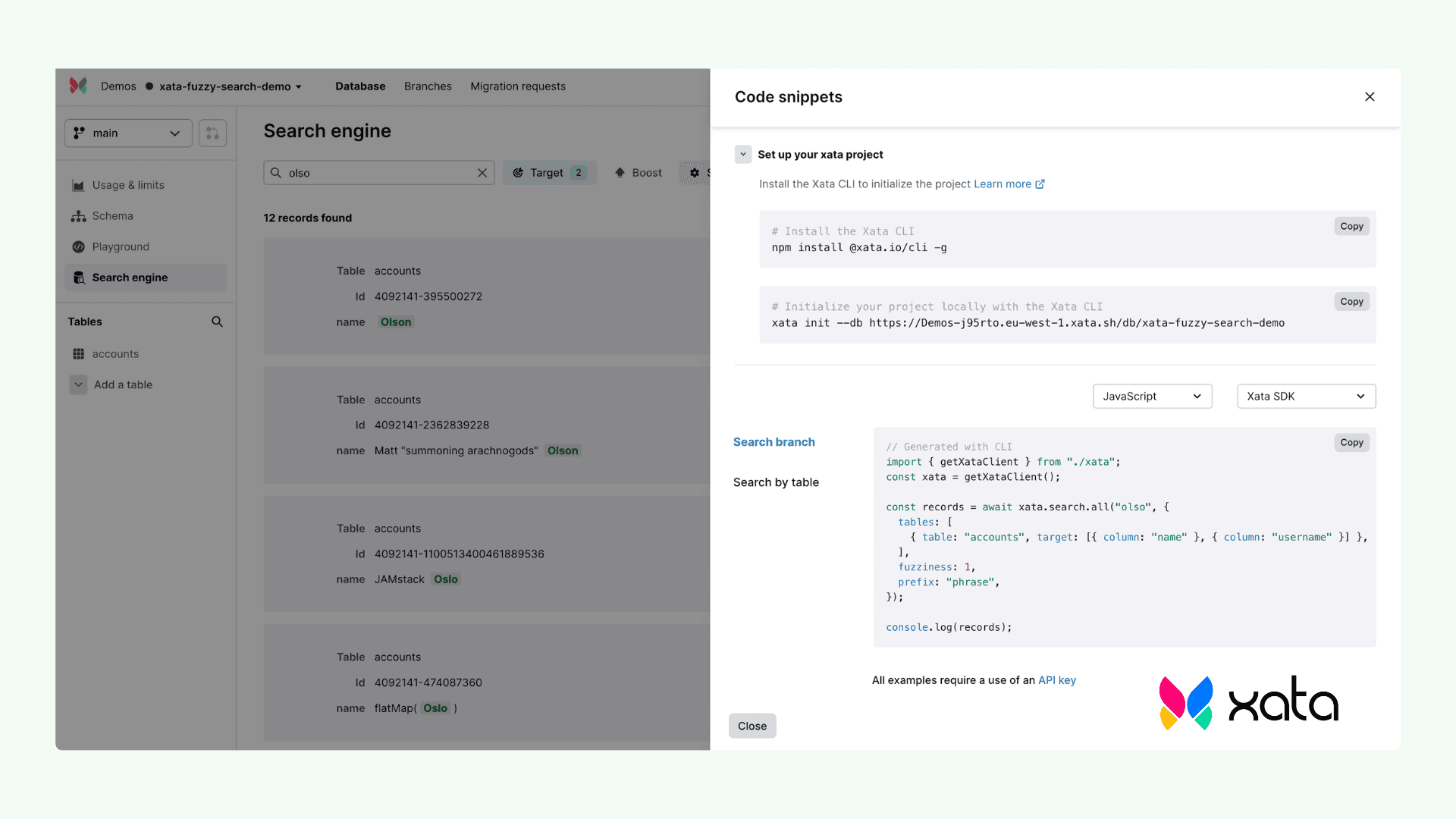 Xata Playground showing similar code as this article